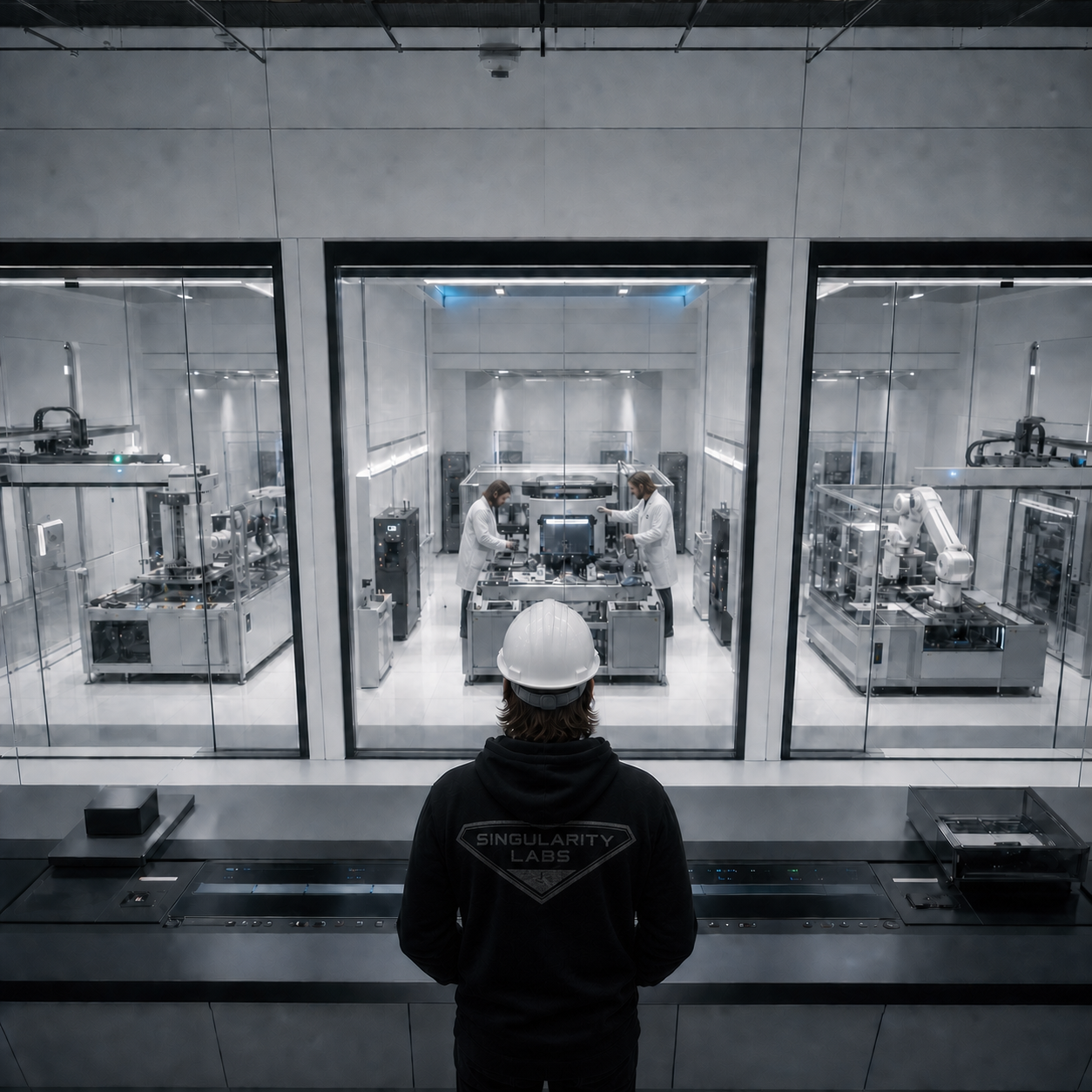 A foreman supervises two lab-coated operators inside a production cell