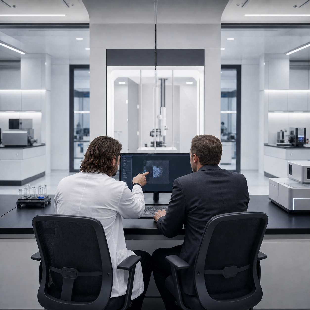 David Mieloch works beside a client at one shared laboratory station