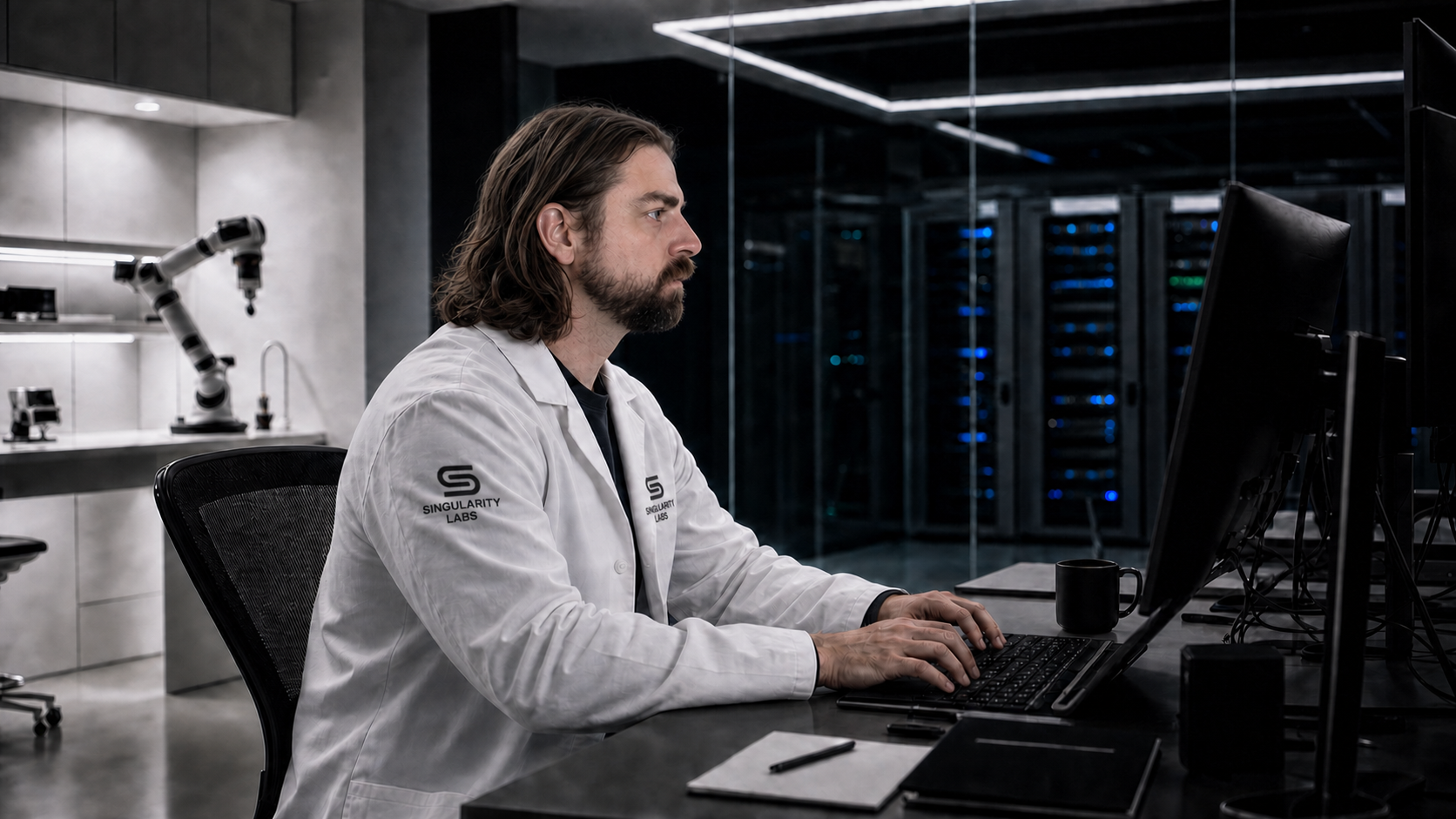 A Singularity Labs operator in a white laboratory coat works at a dark workstation beside a glass-walled server room