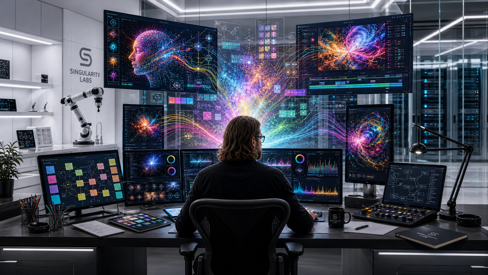 A Singularity Labs operator works across colorful media, design, music, and visual-production displays