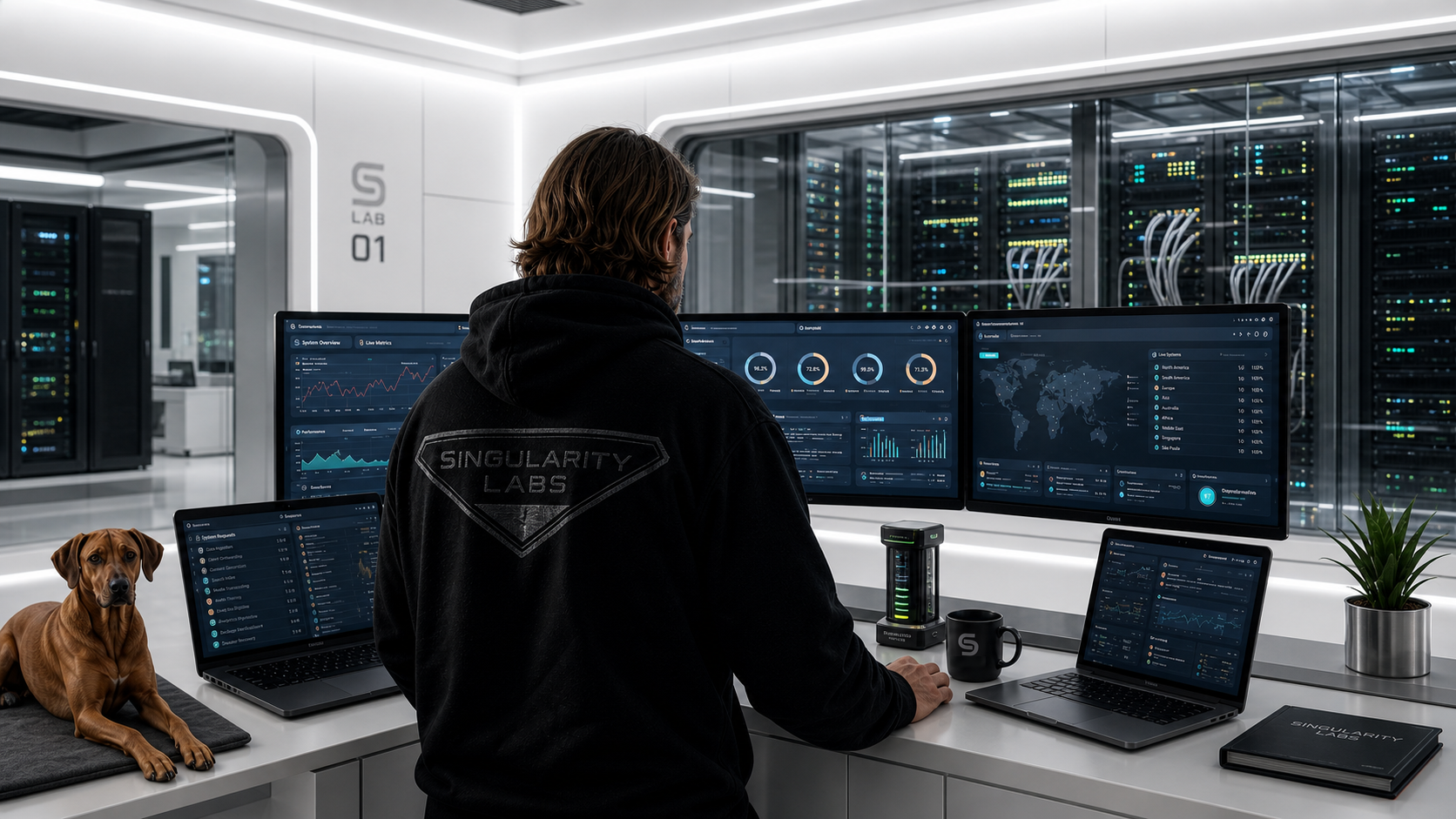 A dark-haired operator in a black Singularity Labs hoodie works at five monitors in a white server room; a brown dog rests beside the desk and a black mug sits nearby